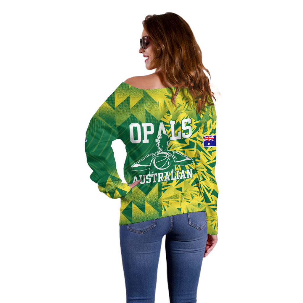 Australian Opals Basketball Off Shoulder Sweater Geometric Tribal Pattern In Green And Gold Athletic Art
