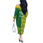 Australian Opals Basketball Off The Shoulder Long Sleeve Dress Geometric Tribal Pattern In Green And Gold Athletic Art