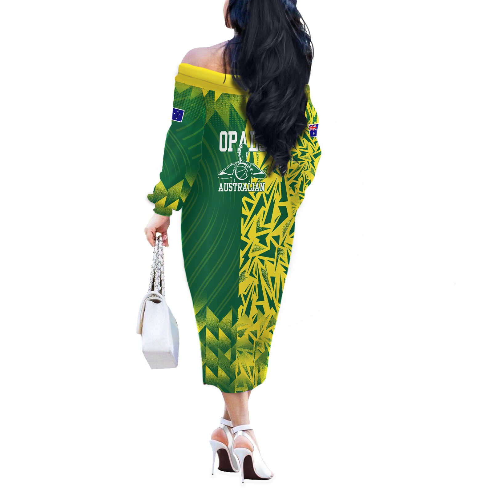 Australian Opals Basketball Off The Shoulder Long Sleeve Dress Geometric Tribal Pattern In Green And Gold Athletic Art