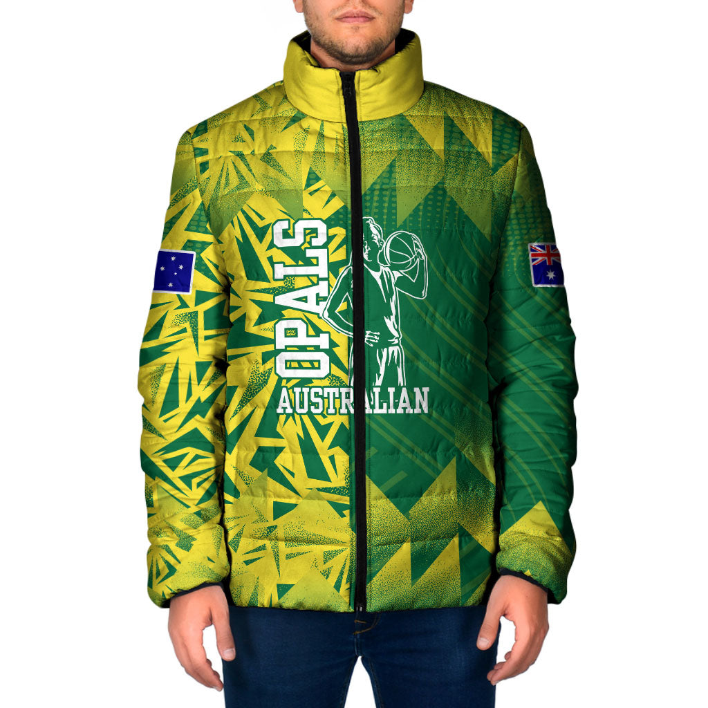 Australian Opals Basketball Padded Jacket Geometric Tribal Pattern In Green And Gold Athletic Art