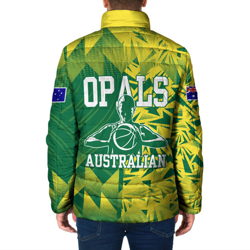 Australian Opals Basketball Padded Jacket Geometric Tribal Pattern In Green And Gold Athletic Art