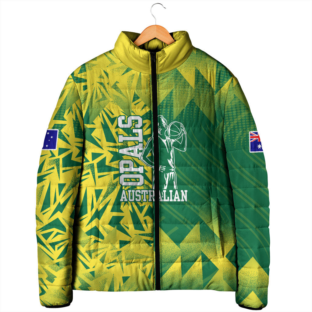 Australian Opals Basketball Padded Jacket Geometric Tribal Pattern In Green And Gold Athletic Art