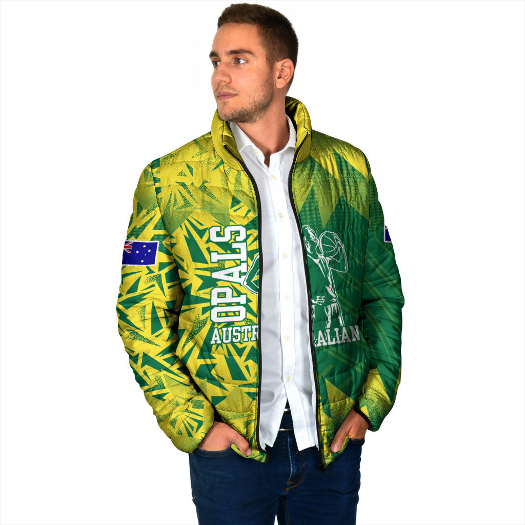 Australian Opals Basketball Padded Jacket Geometric Tribal Pattern In Green And Gold Athletic Art