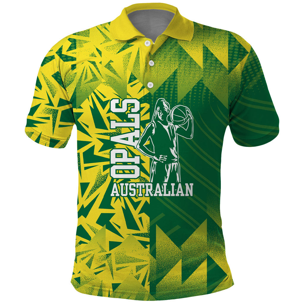 Australian Opals Basketball Polo Shirt Geometric Tribal Pattern In Green And Gold Athletic Art