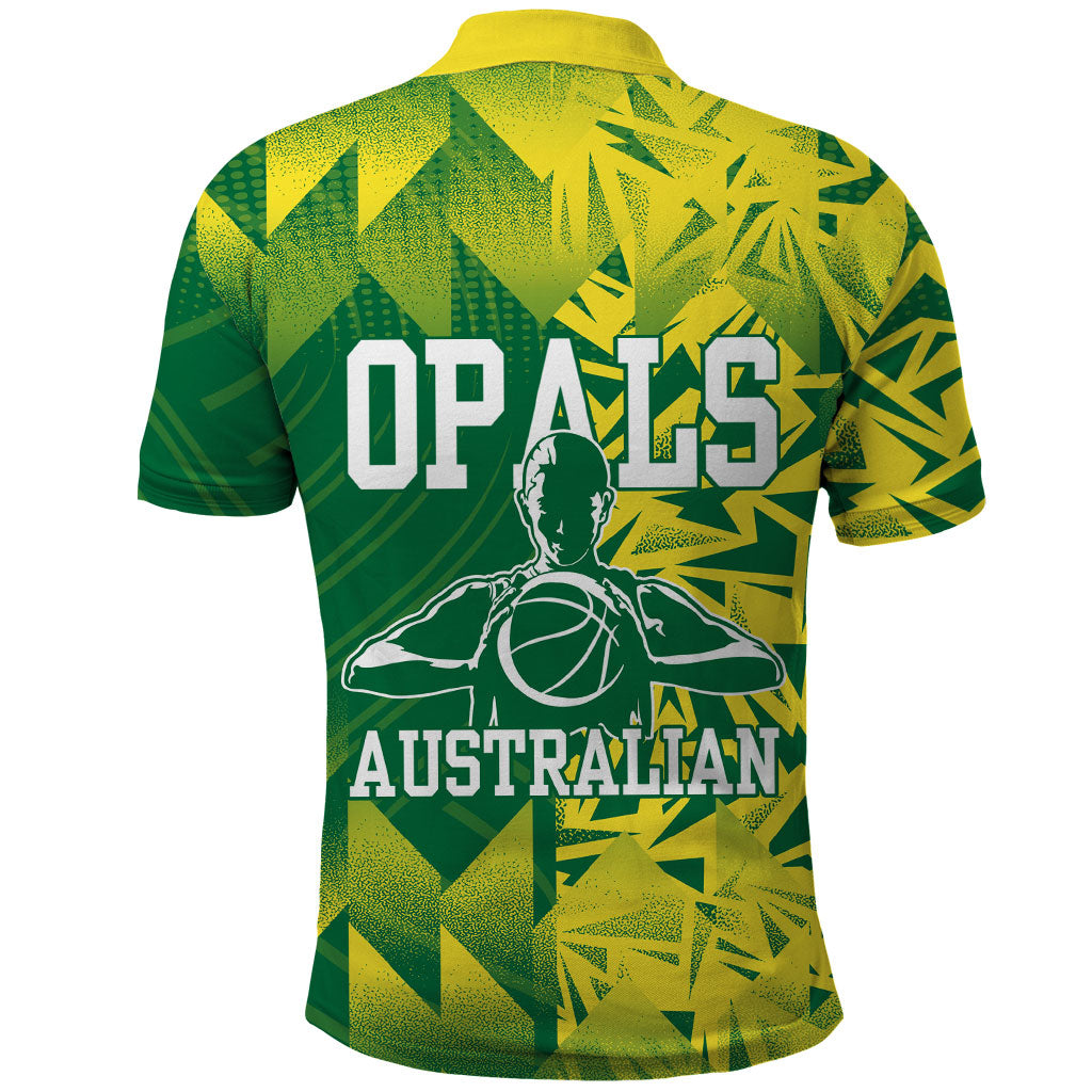 Australian Opals Basketball Polo Shirt Geometric Tribal Pattern In Green And Gold Athletic Art