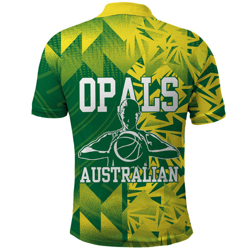 Australian Opals Basketball Polo Shirt Geometric Tribal Pattern In Green And Gold Athletic Art