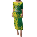 Australian Opals Basketball Puletasi Geometric Tribal Pattern In Green And Gold Athletic Art