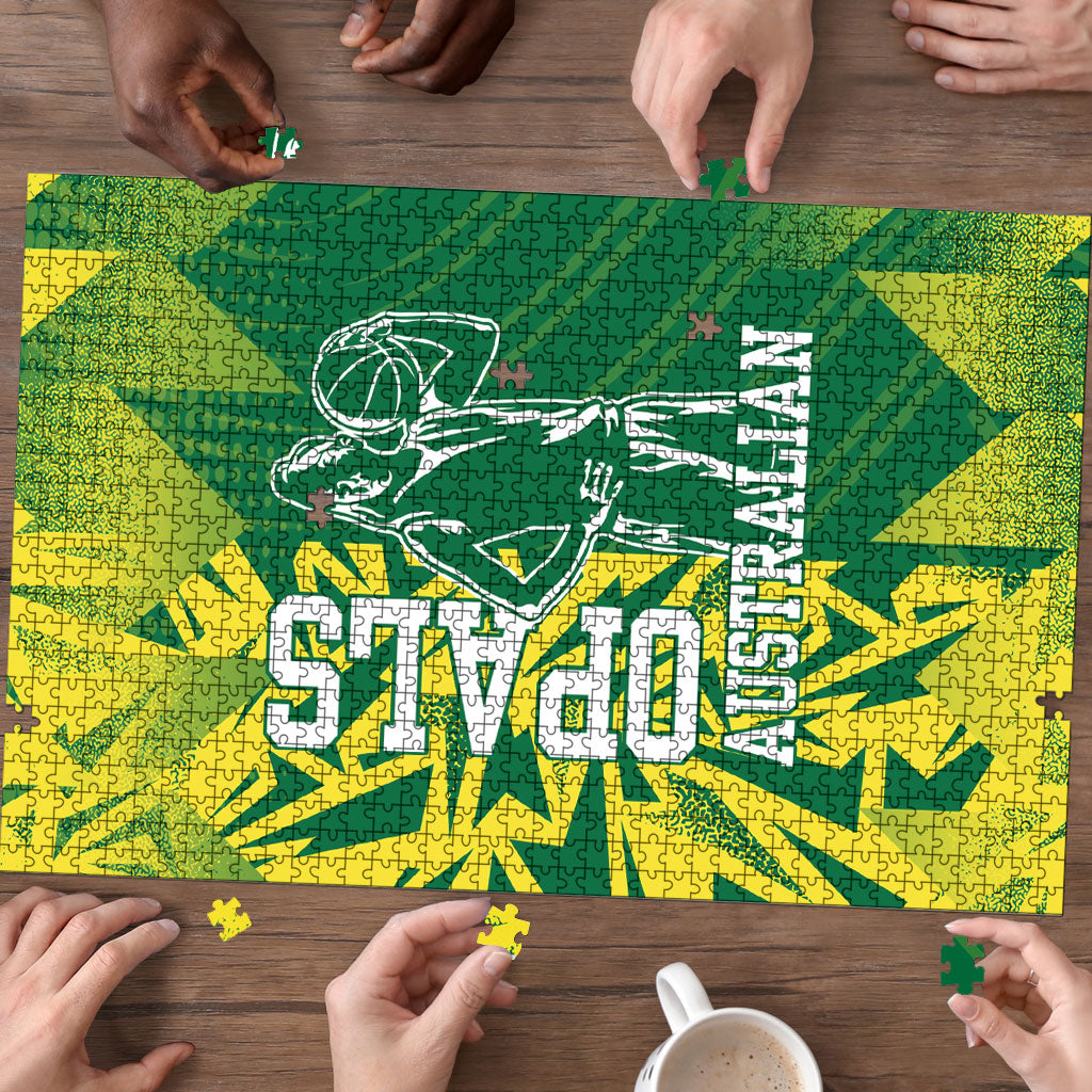 Australian Opals Basketball Puzzle Geometric Tribal Pattern In Green And Gold Athletic Art