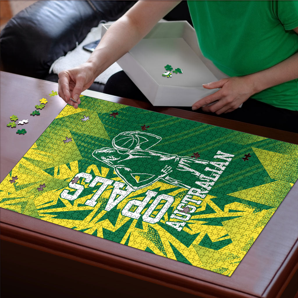 Australian Opals Basketball Puzzle Geometric Tribal Pattern In Green And Gold Athletic Art