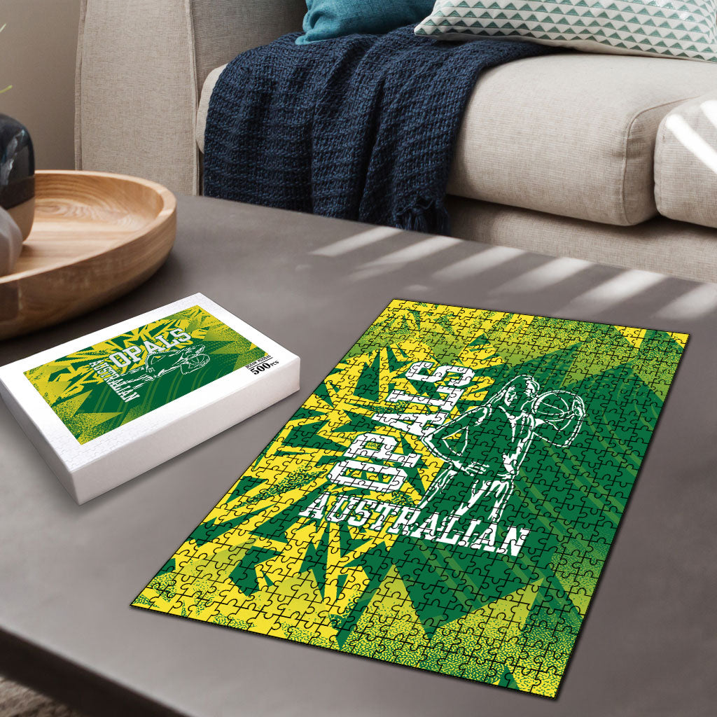 Australian Opals Basketball Puzzle Geometric Tribal Pattern In Green And Gold Athletic Art
