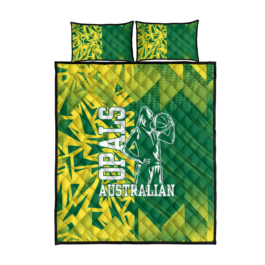 Australian Opals Basketball Quilt Bed Set Geometric Tribal Pattern In Green And Gold Athletic Art