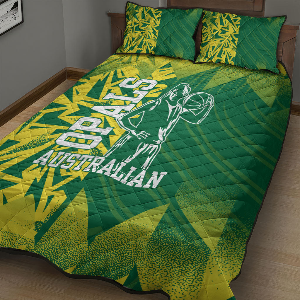 Australian Opals Basketball Quilt Bed Set Geometric Tribal Pattern In Green And Gold Athletic Art
