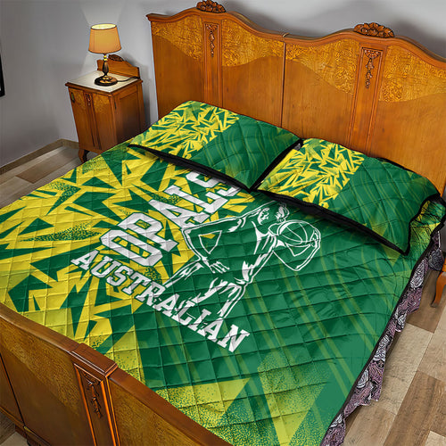 Australian Opals Basketball Quilt Bed Set Geometric Tribal Pattern In Green And Gold Athletic Art