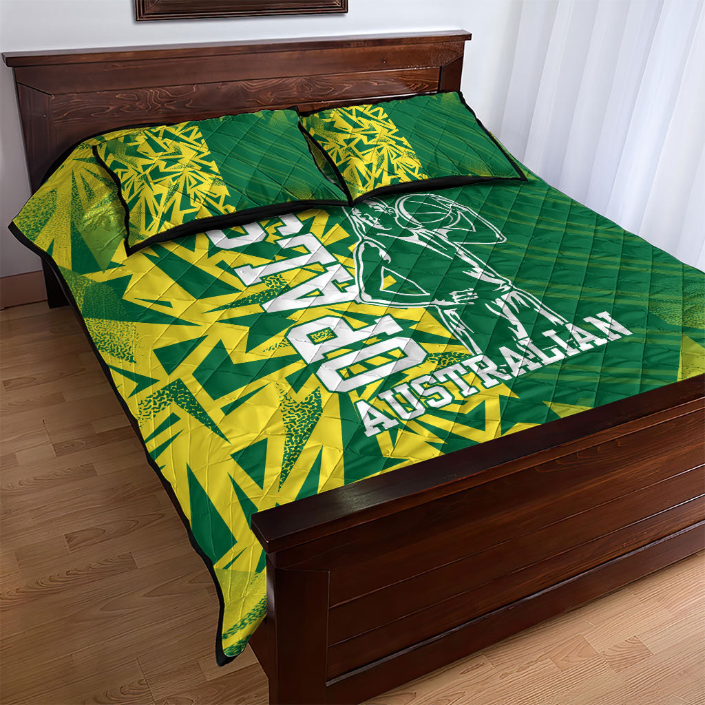 Australian Opals Basketball Quilt Bed Set Geometric Tribal Pattern In Green And Gold Athletic Art