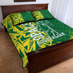 Australian Opals Basketball Quilt Bed Set Geometric Tribal Pattern In Green And Gold Athletic Art