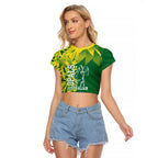 Australian Opals Basketball Raglan Cropped T Shirt Geometric Tribal Pattern In Green And Gold Athletic Art