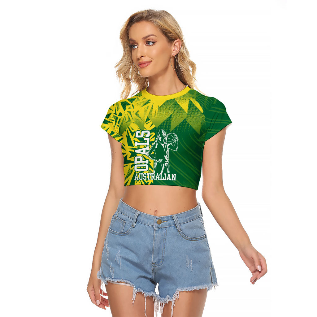 Australian Opals Basketball Raglan Cropped T Shirt Geometric Tribal Pattern In Green And Gold Athletic Art