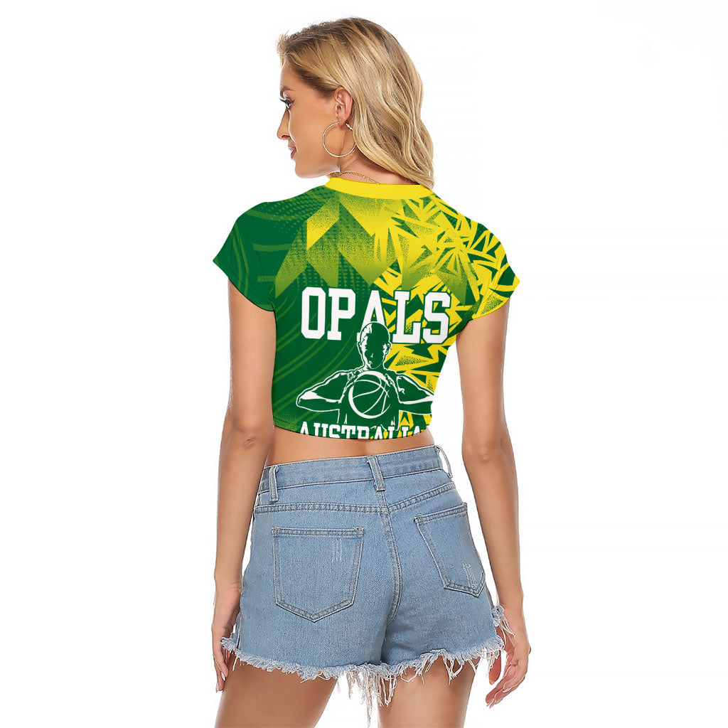 Australian Opals Basketball Raglan Cropped T Shirt Geometric Tribal Pattern In Green And Gold Athletic Art