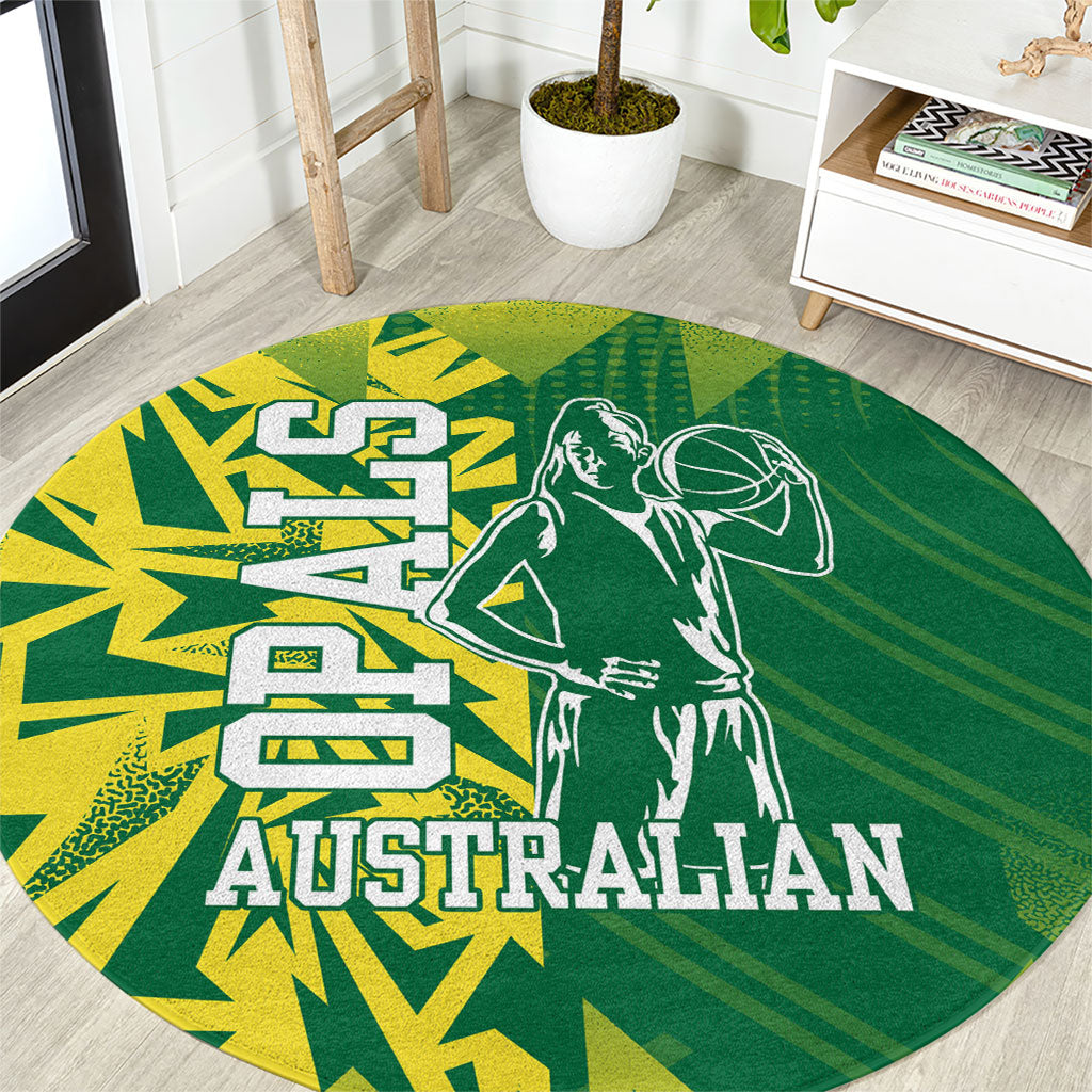 Australian Opals Basketball Round Carpet Geometric Tribal Pattern In Green And Gold Athletic Art
