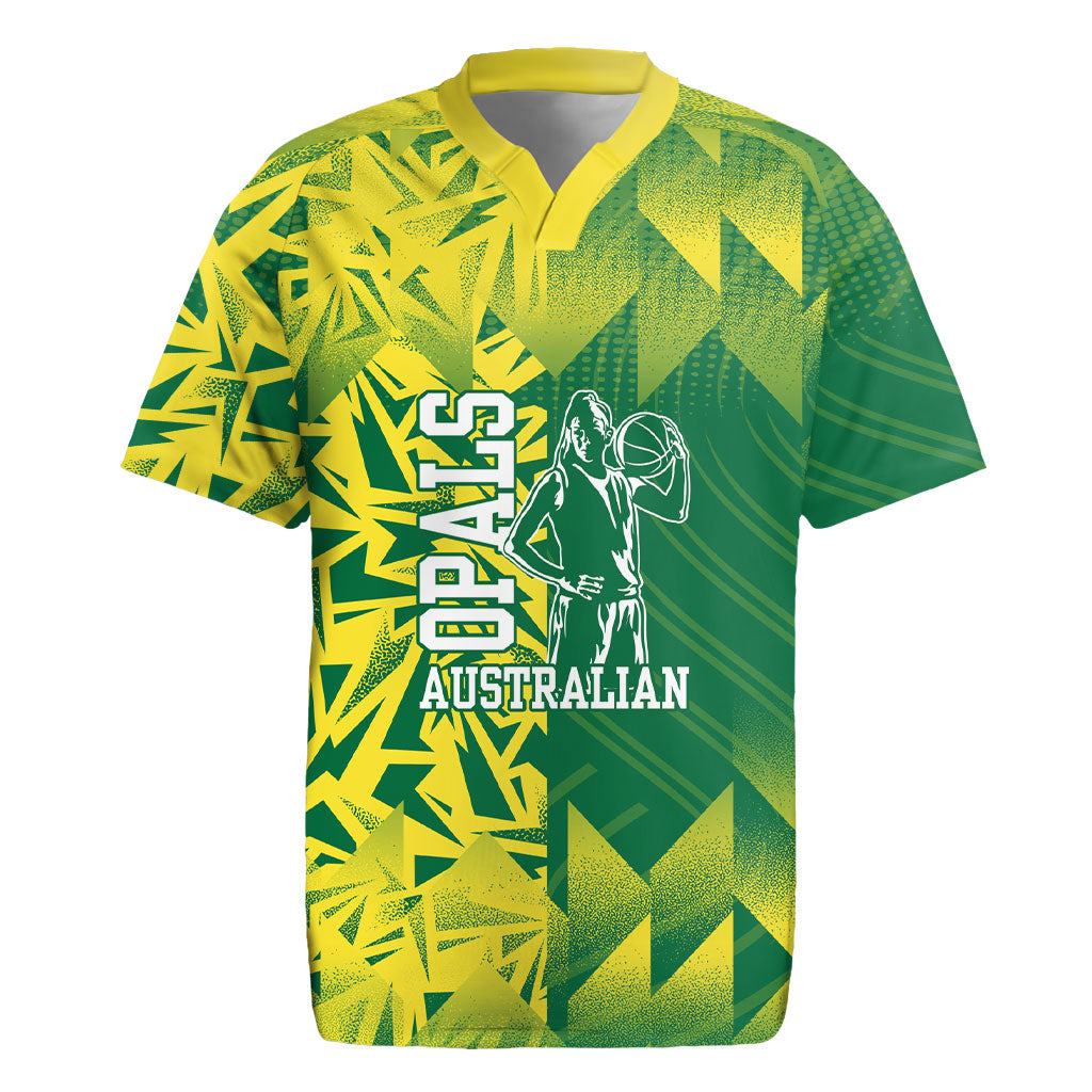 Australian Opals Basketball Rugby Jersey Geometric Tribal Pattern In Green And Gold Athletic Art