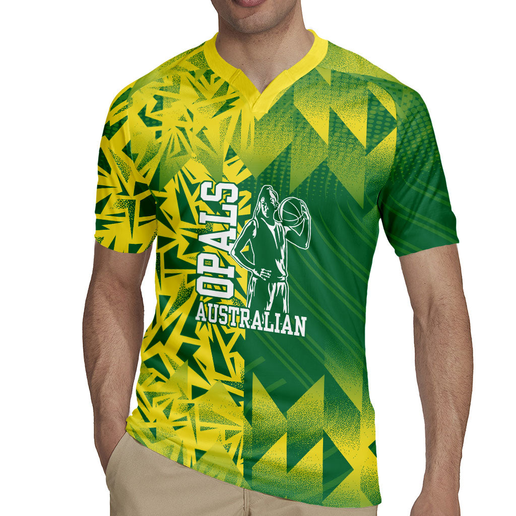 Australian Opals Basketball Rugby Jersey Geometric Tribal Pattern In Green And Gold Athletic Art