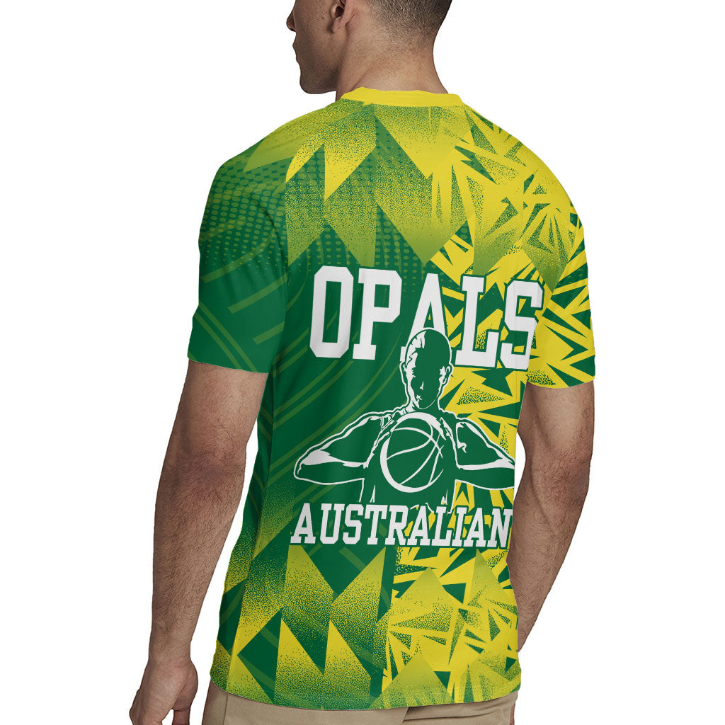 Australian Opals Basketball Rugby Jersey Geometric Tribal Pattern In Green And Gold Athletic Art