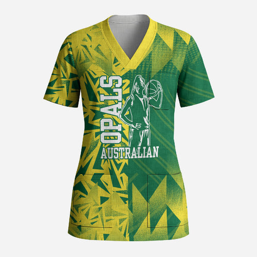 Australian Opals Basketball Scrub Top Geometric Tribal Pattern In Green And Gold Athletic Art
