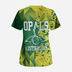 Australian Opals Basketball Scrub Top Geometric Tribal Pattern In Green And Gold Athletic Art
