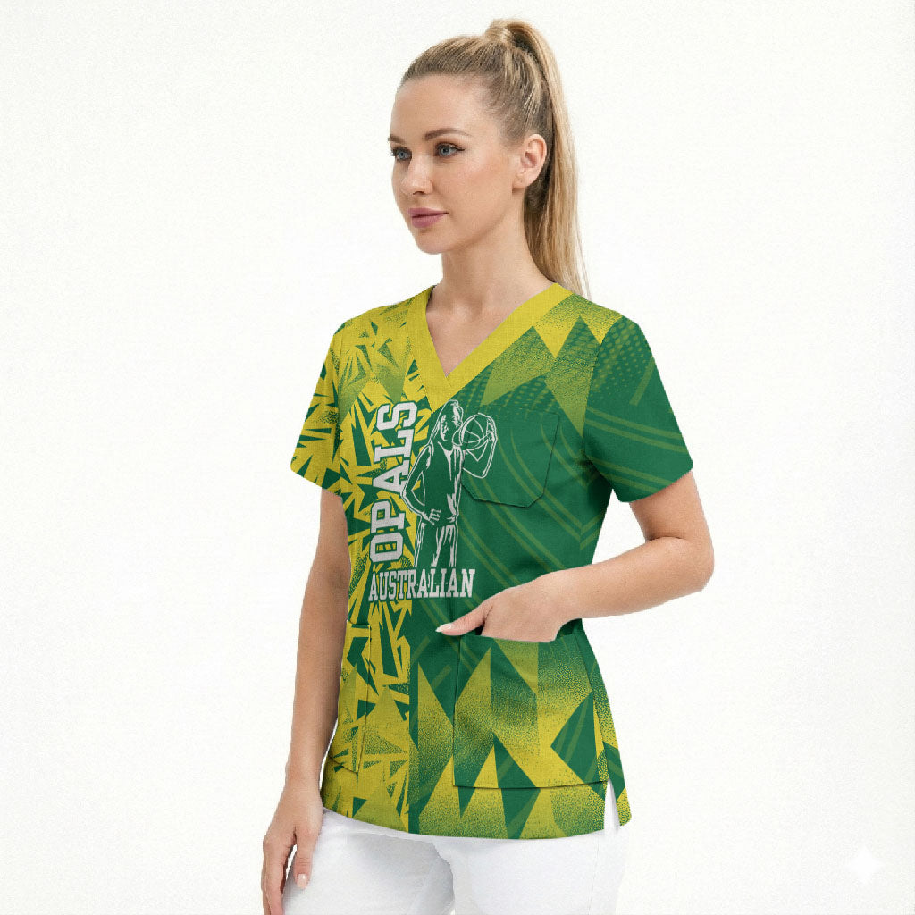 Australian Opals Basketball Scrub Top Geometric Tribal Pattern In Green And Gold Athletic Art