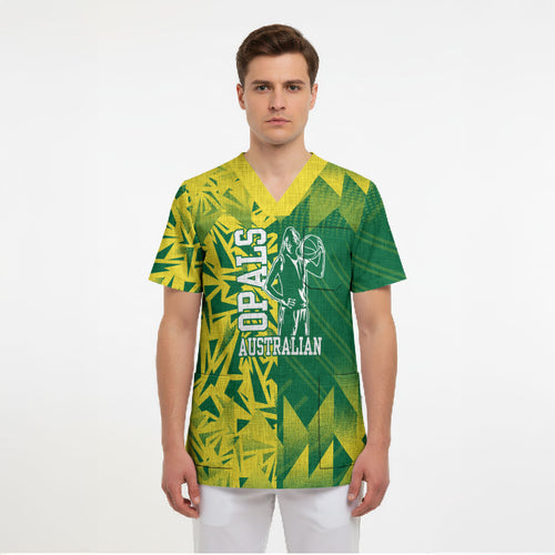 Australian Opals Basketball Scrub Top Geometric Tribal Pattern In Green And Gold Athletic Art