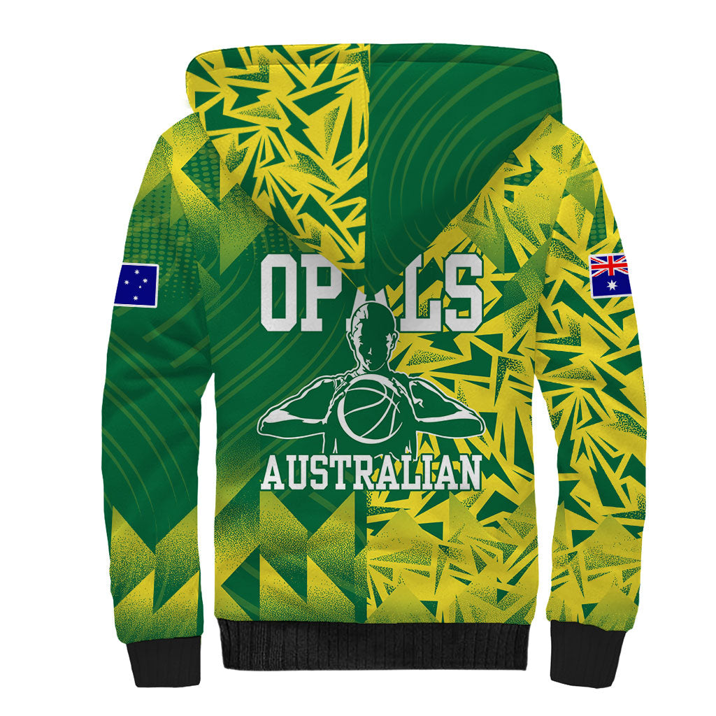 Australian Opals Basketball Sherpa Hoodie Geometric Tribal Pattern In Green And Gold Athletic Art