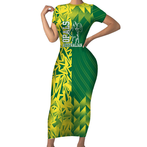 Australian Opals Basketball Short Sleeve Bodycon Dress Geometric Tribal Pattern In Green And Gold Athletic Art