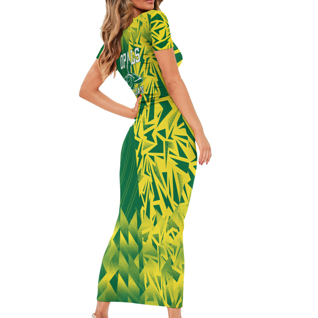 Australian Opals Basketball Short Sleeve Bodycon Dress Geometric Tribal Pattern In Green And Gold Athletic Art