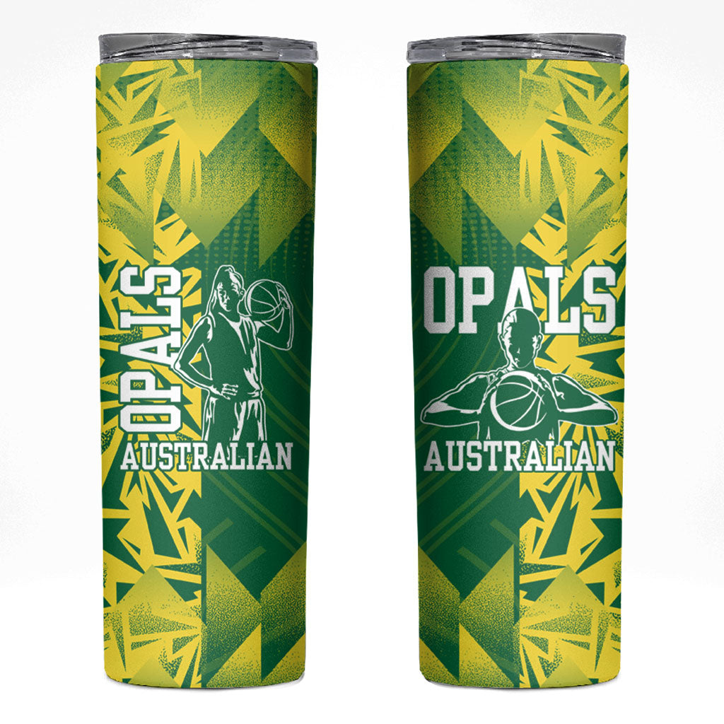 Australian Opals Basketball Skinny Tumbler Geometric Tribal Pattern In Green And Gold Athletic Art
