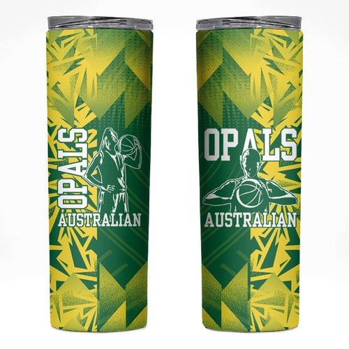 Australian Opals Basketball Skinny Tumbler Geometric Tribal Pattern In Green And Gold Athletic Art