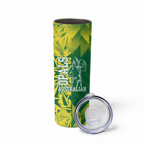 Australian Opals Basketball Skinny Tumbler Geometric Tribal Pattern In Green And Gold Athletic Art
