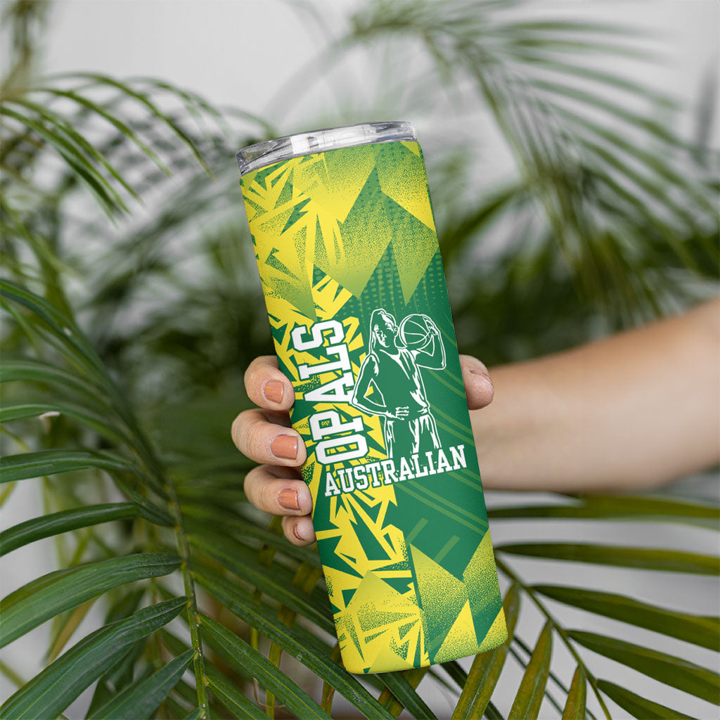 Australian Opals Basketball Skinny Tumbler Geometric Tribal Pattern In Green And Gold Athletic Art