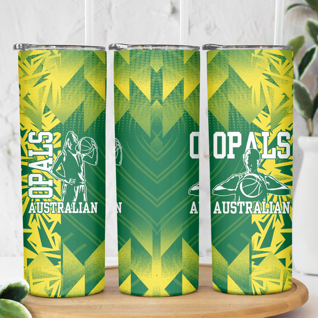 Australian Opals Basketball Skinny Tumbler Geometric Tribal Pattern In Green And Gold Athletic Art