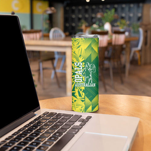 Australian Opals Basketball Skinny Tumbler Geometric Tribal Pattern In Green And Gold Athletic Art