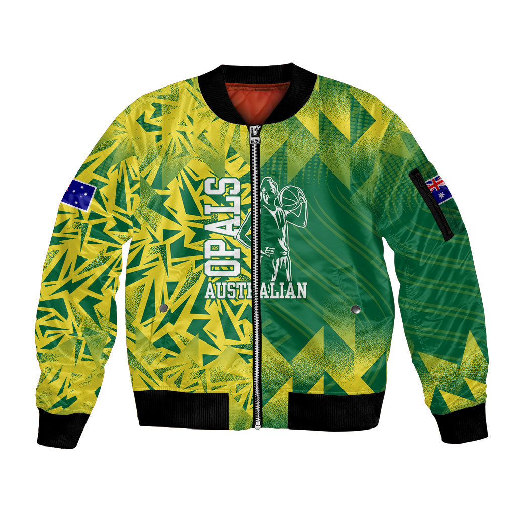 Australian Opals Basketball Sleeve Zip Bomber Jacket Geometric Tribal Pattern In Green And Gold Athletic Art