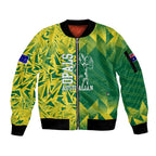 Australian Opals Basketball Sleeve Zip Bomber Jacket Geometric Tribal Pattern In Green And Gold Athletic Art