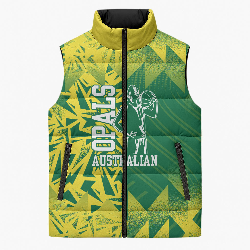 Australian Opals Basketball Sleeveless Puffer Jacket Geometric Tribal Pattern In Green And Gold Athletic Art