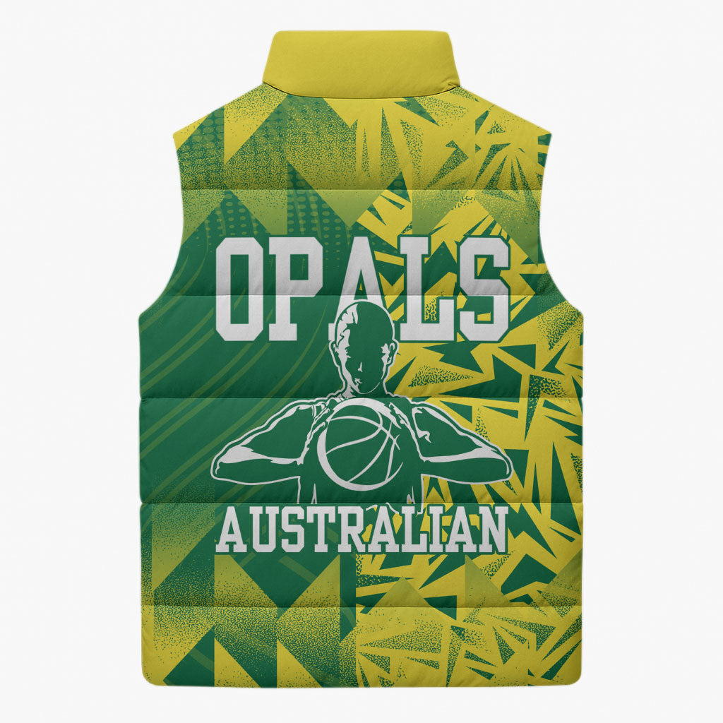 Australian Opals Basketball Sleeveless Puffer Jacket Geometric Tribal Pattern In Green And Gold Athletic Art