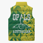 Australian Opals Basketball Sleeveless Puffer Jacket Geometric Tribal Pattern In Green And Gold Athletic Art