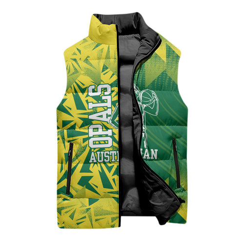 Australian Opals Basketball Sleeveless Puffer Jacket Geometric Tribal Pattern In Green And Gold Athletic Art