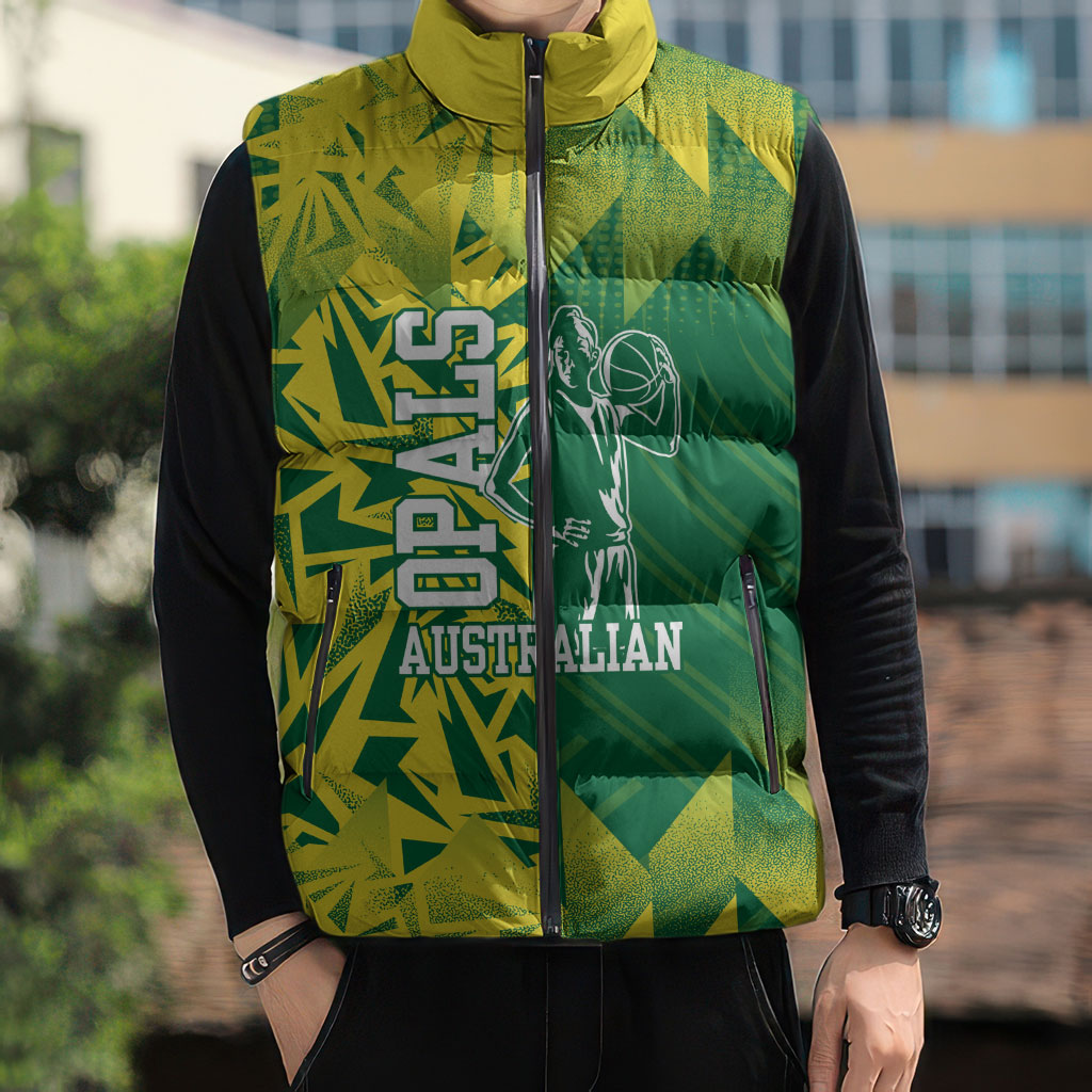 Australian Opals Basketball Sleeveless Puffer Jacket Geometric Tribal Pattern In Green And Gold Athletic Art