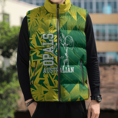Australian Opals Basketball Sleeveless Puffer Jacket Geometric Tribal Pattern In Green And Gold Athletic Art