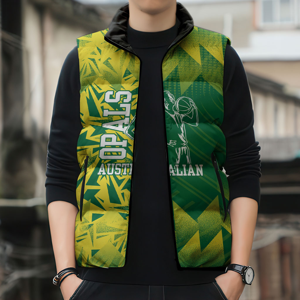 Australian Opals Basketball Sleeveless Puffer Jacket Geometric Tribal Pattern In Green And Gold Athletic Art