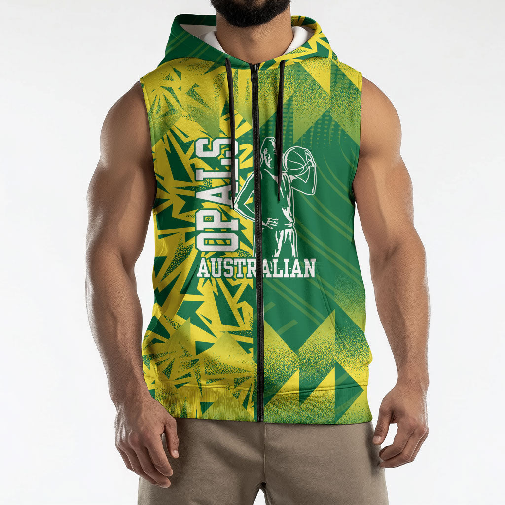 Australian Opals Basketball Sleeveless Zip Hoodie Geometric Tribal Pattern In Green And Gold Athletic Art