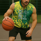 Australian Opals Basketball Sleeveless Zip Hoodie Geometric Tribal Pattern In Green And Gold Athletic Art